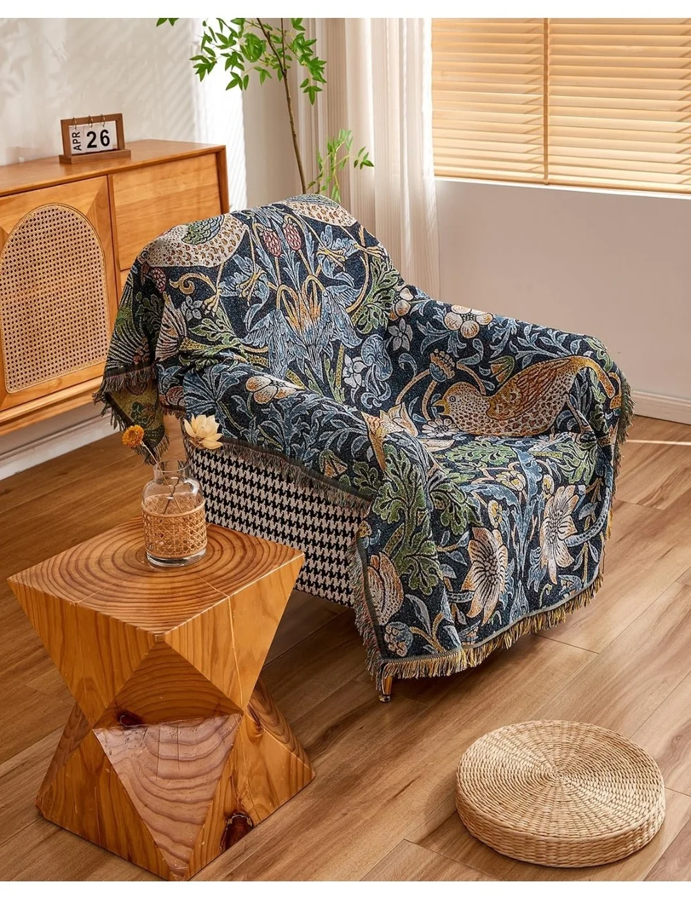 Floral Bird Woven Throw Blanket - Navy, Gold, Green 50X70